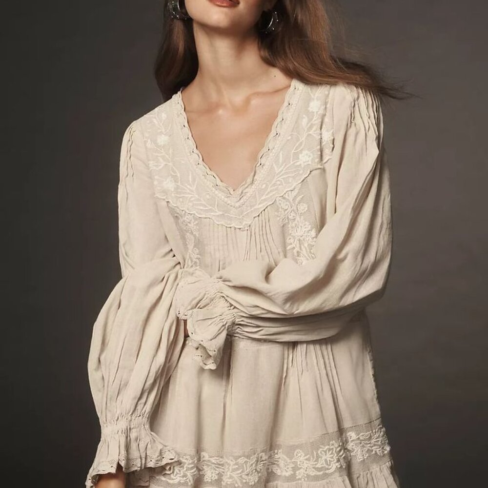 Looking For - By Anthropologie Long-Sleeve Embroidered Pintuck Swing Mini Dress